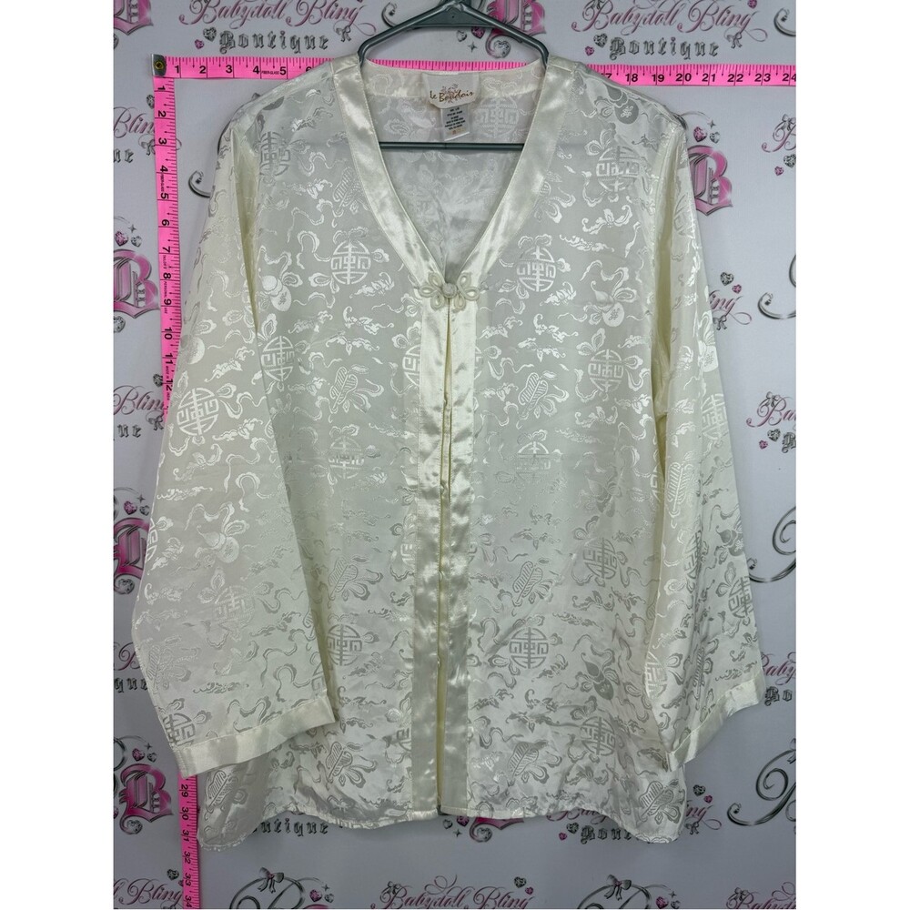 LE BOUDOIR blouse shiny ornate Cream Satin Embroidered Mandarin-Collar Top